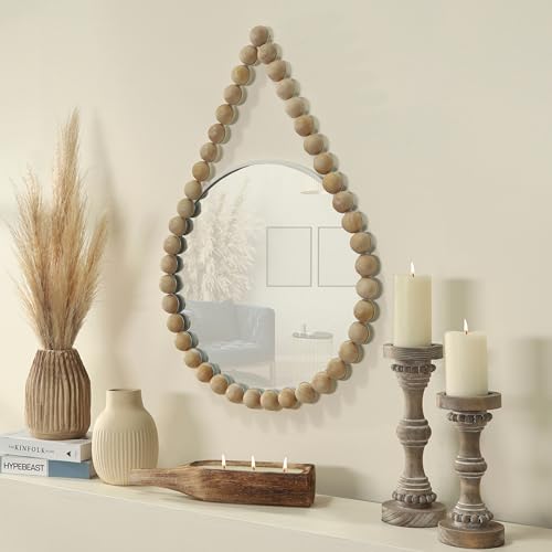 White Decorative Mirror with Beaded Wood Frame – MDF & Glass Home Decor Mirrors for Wall Accent & Styling – Modern Boho Hanging Mirror Wall Decor for Home & Office – 24"x36"