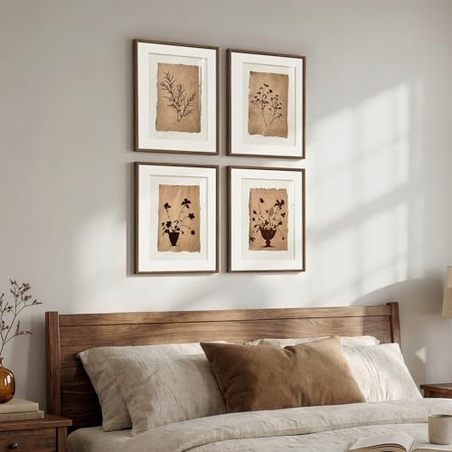 Framed Vintage Botanical Wall Art for Bedroom, 4 Piece Floral Brown Farmhouse Bathroom Picture Prints, Neutral Rustic Minimalist Botanical Artwork for Dining Room Fireplace Apartment Walls, 11x14 In - color: Brown and White, size: 11" W x 14" H x 4pcs