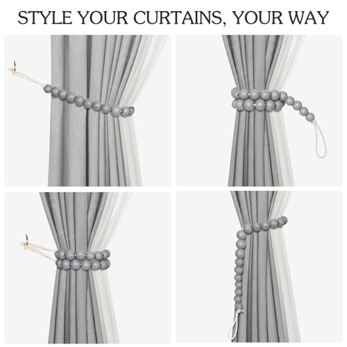 Hion 4 Pcs Boho Curtain Tiebacks,Wood Beads Curtain Holdbacks,Outdoor Farmhouse Tie Backs for Curtains,Curtain Holders for Drapes Home Office Room Decor with Hooks(Grey - color: Grey, size: 4 Pack