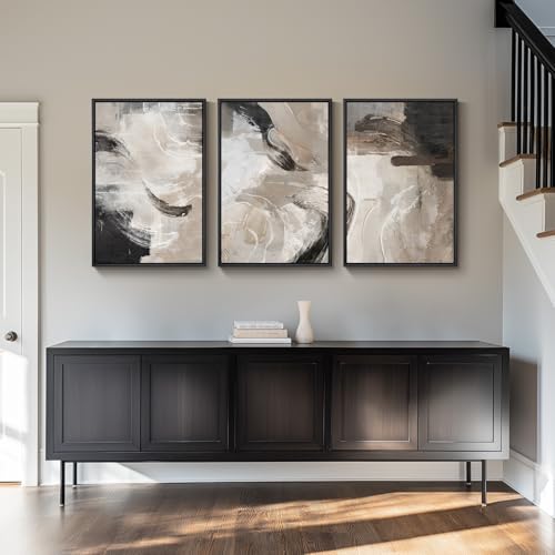 Framed Neutral Abstract Wall Art, 3 Piece Modern Minimalist Canvas Prints Paintings Artwork for Walls, Black Beige Brown Neutral Tone Pictures for Living Room Dining Room Bedroom Wall Decor 16x24 In - color: abstract Fluidity, size: 16" W x 24" H x 3pcs