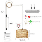 HuisMier Plug in Pendant Light Rattan Hanging Lamp 15 Ft Boho Hanging Lights with Rattan Woven & Fabric 2 in 1 Shade, Dimmable Plug in Pendant Light for Living Room Bedroom Dining Room - color: Beige and White