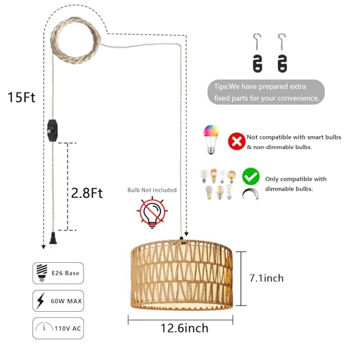 HuisMier Plug in Pendant Light Rattan Hanging Lamp 15 Ft Boho Hanging Lights with Rattan Woven & Fabric 2 in 1 Shade, Dimmable Plug in Pendant Light for Living Room Bedroom Dining Room - color: Beige and White