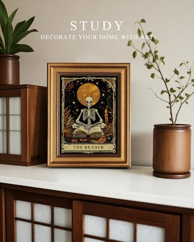 HUARCEY Gold Framed Canvas Wall Art, Skeleton Reader Tarot Picture Decor, Library Reading Room School Decor, Book Lover Witchy Gothic Halloween Canvas Paintings, 8x10inch - color: Skeleton Reader Art, size: 10"L x 8"W