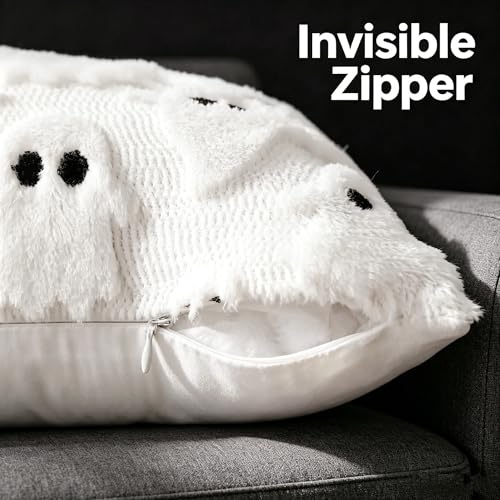 White Ghost Halloween Throw Pillow Covers 18x18 in Set of 2, Tufted Embroidered Plush Cushion Covers for Couch Sofa Holiday Decor - color: White Ghost