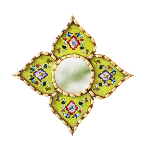 Peruvian Wall Mirror Lime Green Hand Painted Glass Diamond | Handmade decorative mirror, bronze leaf finish, unique artisan wall art, luxury home accents, square or diamond dual display - color: Green