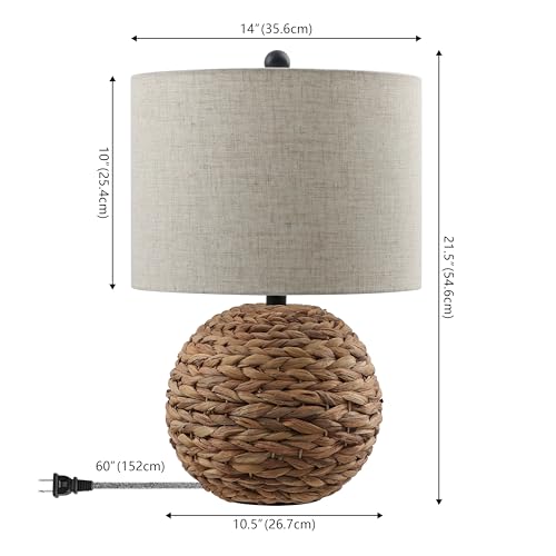 JONATHAN Y 21.5" Brown Modern Coastal Woven Rattan Globe LED Table Lamp for Bedroom, Oatmeal Linen Drum Shade, LED Bulb Included, Rustic Bedside Lamp for Living Room JYL6514A - color: Brown