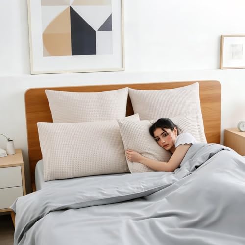 Shunjie.Home 100% Cotton Waffle Weave Throw Pillow Covers Set of 2, 600TC Solid Reverse Side, Hidden Zipper Closure, Skin-Friendly & Durable Decorative Euro Shams for Couch Sofa Bed, Khaki, 22"x22" - color: Khaki, size: 22" x 22" (Pack of 2)