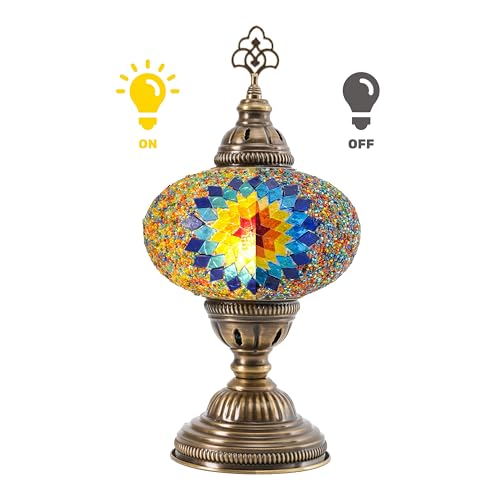 Turkish Mosaic Lamp with Bulb – Handmade Star Fire Stained Glass Table Light, Antique Bohemian Vintage Decor for Bedroom or Living Room, E12 Socket - color: Star Fire