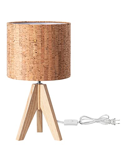 EDISHINE Small Table Lamp, Wooden Tripod Nightstand Lamp with Bark Linen Shade, Farmhouse Bedside Lamp for Nursery, Bedroom, Kids Room, Office, Reading Desk, 14.2 Inch, E26 Socket, ON/Off Switch - style: Cottage