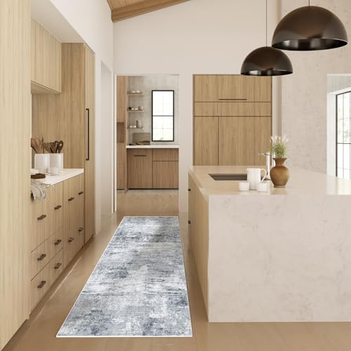 Machine Washable Runner Rugs for Kitchen: 2'x6' Hallway Runner Rug Non Slip Floor Rug with Rubber Backing Faux Wool Soft Low Pile Non Shedding Carpet Runners for Entryway Bedroom Bathroom Farmhouse - color: Blue and Gray, size: 2' x 6' (Rectangular)