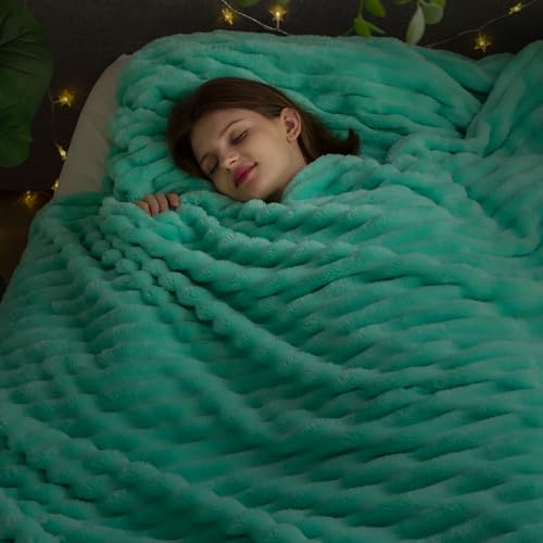 NEWCOSPLAY Super Soft Queen Blanket Aqua Premium Silky Flannel Fleece 3D Ribbed Jacquard Lightweight Bed Blanket All Season Use (Aqua Ribbed, Queen(90"x90")) - color: Aqua Ribbed, size: Queen(90"x90")