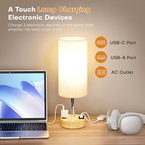 MOICO Bedside Table Lamp for Bedroom, 3-Way Dimmable Nightstand Lamp with USB C, USB A Ports & AC Outlet, Small Table Lamp Fabric Shade for Living Room Dorm Office, LED Bulb Included (14in Wood Grain) - color: Wood