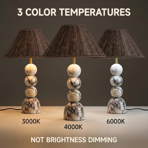 Calacatta Marble Table Lamp with Hand-Woven Rattan Shade, Vintage Stone Lamp with 3 Color Temperatures, Luxury Light for Bedroom Living Room - size: 20.4in
