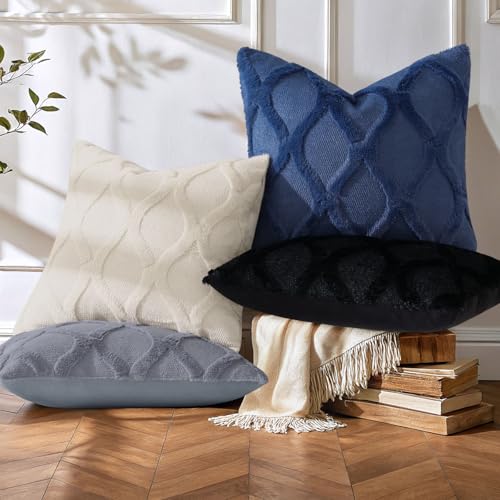 decorUhome Summer Set of 4 Throw Pillow Covers 18x18 Inch, Neutral Decorative Soft Plush Faux Wool Couch Pillow Covers, Farmhouse Pillow Cases for Living Room Bed Sofa (Blue/Grey) - color: Blue Grey, size: 18" x 18" (Pack of 4)