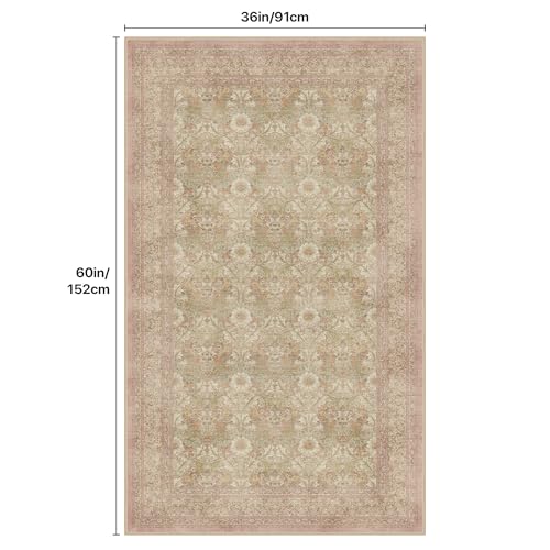 Bavni 3x5 Vintage Floral Rug, Washable Non Slip Area Rug for Entryway, Bedroom, Kitchen or Living Room, Low Pile Carpet, Brown Pink - color: Brown Pink, size: 3' x 5' (Rectangular)