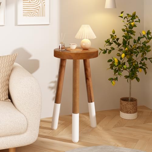 Teak 11.8" Round Dip Dyed Teak Stool | Wood Accent Side Table | Wood Plant Stand (24" Tall White) - color: 24" Tall White