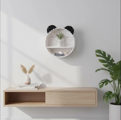 Panda Nursery Decor Wall Shelf, Handwoven Wicker Nursery Shelves for Wall, Wall Mounted Shelf for Small Books, Toys & Decor - color: White+Black