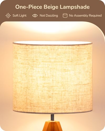 EDISHINE Tripod Table Lamp, Small Cute Bedside Lamp with Linen Beige Lampshade, Nightstand Lamp for Nursery, Bedroom, Kid Room, Living Room, Light Brown Wooden Base, E26 Socket, 14.2 Inch - style: Bohemian