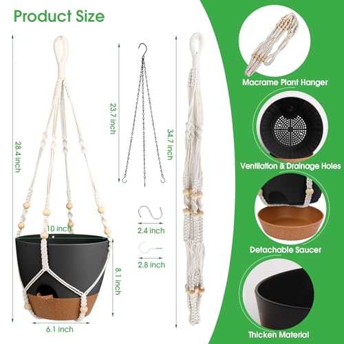 Hanging Planters for Indoor Outdoor Plants, 2 Pack Self Watering Hanging Pot with Drainage Holes, Removable Tray & 2 Kinds of Plant Hangers, 10'' Hanging Flower Pots for Home Garden Decor, Black - color: Ivory+black+black, size: 10''
