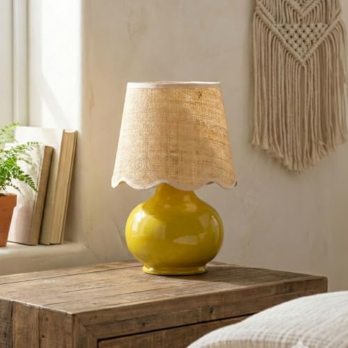 Benton Ceramic Table Lamp with Fabric Shade – 13" Bedside Accent Lamp for Bedroom, Living Room & Nightstand (Yellow) - color: Yellow