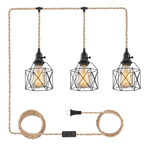 3-Light Hanging Light with Plug in Cord,Plug in Pendant Light Hemp Rope Pendant Lighting Vintage 3-Light Hanging Lamp Fixtures for Kitchen Island Living Room Bedroom - color: 3 Light Pendant Lights+Black Cage