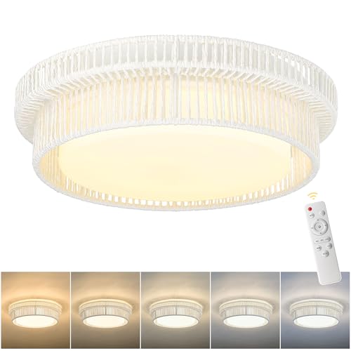 Rattan Ceiling Light Fixture, HWH 16'' Boho Flush Mount Ceiling Light 24W LED Close to Ceiling Lighting with Remote Control, 5CCT Hand-Woven Twine Coastal Lighting, 5HYS78MF-LED WH - color: White, size: 16 Inch
