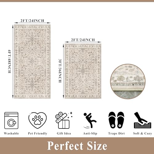 Kitchen Rugs Non-Slip Washable 2 Piece, Modern Boho Low Pile Stain-Resistant Floor Mats Set for Hardwood Floors, Soft Small Decorative Rugs (Beige, 2x3+2x4) - color: Beige, size: 2' x 3' + 2' x 4' (Rectangular)
