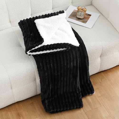 Black Sherpa Fleece Throw Blanket 50”×60” for Couch Sofa Bed, Double Side Soft Fuzzy Cozy Plush Thick Flannel Blanket with Striped Design Gift for Adults,Woman,Girls - color: Black, size: 50×60inch