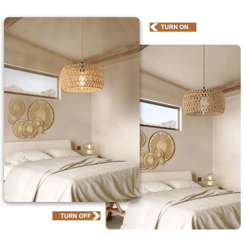 Boho Rattan Pendant Lights Farmhouse 12 Inch Plug in Chandelier Light Fixture Rustic Wicker Hand Woven Pendant Hanging Light with Cord for Dining Room Kitchen Bedroom Foyer Hallway - size: 12 Inch Plug in