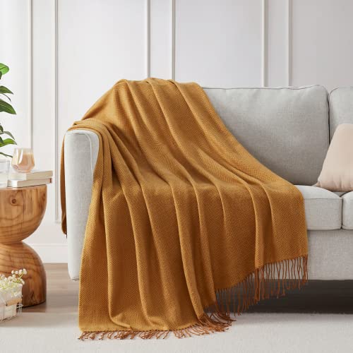 BOURINA Herringbone Two Tone Throw Blanket Faux Cashmere Fringe Soft Lightweight Cozy for Bed Couch Decorative Throws Blanket,Gold, 50" x 60" - color: Gold, size: 50"x60"