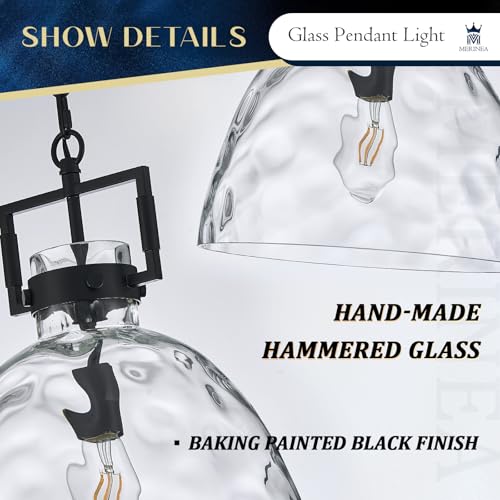 Glass Pendant Light, 13.8 Inch Single Hanging Ceiling Light with Adjustable Chain, E26 Base Oversized Hammered Clear Glass Kitchen Island Pendant Lighting in Matte Black for Dining Room, Entryway - color: Large Black