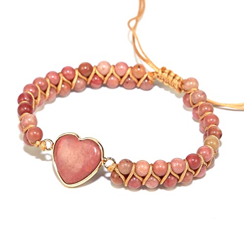 Women Boho Wrap Bracelet,Handmade Natural Stone Crystal Emperor Beads Heart Bracelet, Fashion Bohemian Jewelry Gift for Women - color: Rhodochrosite #2