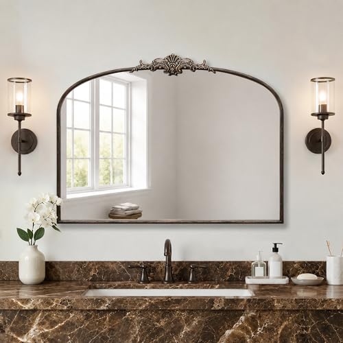 Besdomus Vintage Arched Black Mirror: 40"x29" French Large Arch Antique Wall Vanity Mirror - Decorative Baroque Traditional Ornate for Entryway/Bedroom/Fireplace/Bathroom- Ideal for Home Renovations - color: Black, size: 29"L x 40"W