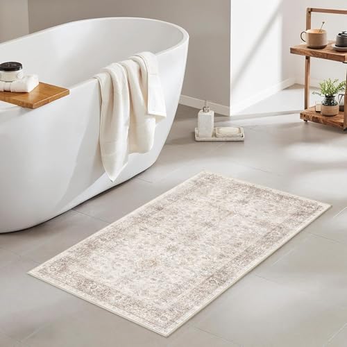 2x3 Entryway Rug Beige Washable Vintage Rugs for Entryway Kitchen Low Pile Non-Slip Door Mat Traditional Distressed Small Throw Area Rugs for Kitchen Entrance Bathroom Neutral Beige - color: Neutral Beige, size: 2'*3'(Rectangular)