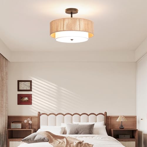Bohemian Semi-Recessed Pendant Light Wicker Ceiling Lamp 16-Inch Farmhouse-Style Pendant with Natural Hemp Rope Fabric Shade Suitable for Dining Room/Living Room/Bedroom/Kitchen - color: 16'' Hemp rope&Fabric Gold