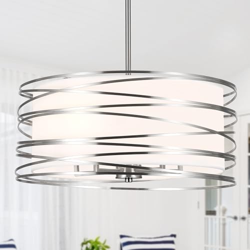ACNKTZ 19.7'' Brushed Nickel Drum Chandeliers for Dining Room, 5-Lights Kitchen Chandeliers Over Table, Entryway Light Fixture Hanging, Industrial Round Chandelier for Living Room Stairwell Bedroom - color: Brushed Nickel, size: 19.7"/5-Light