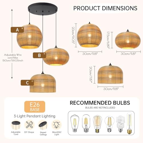 3-Light Chandelier Vintage Rattan Pendant Light Fixtures Hand Woven Boho Rattan Light Fixtures Ceiling Hanging, Farmhouse Chandelier for Dining Room Kitchen Island Bedroom - color: Large Rattan, 3-Light