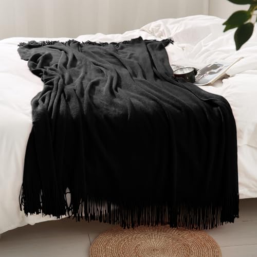 Homiest Decorative Knitted Throw with Fringe, Lightweight Acrylic Knit, Soft Tassel for Couch, Sofa, Bed (Black, 50 x 60 Inch) - color: Black, size: 50" x 60"