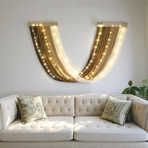 Macrame Fairy Lights Battery Operated with Remote | Large Macrame with 20ft 100 LED String Lights,Brown Gradient Warm White Light for Living Room,Bedroom,Christmas,Holiday Deco - color: Brown-Warm White