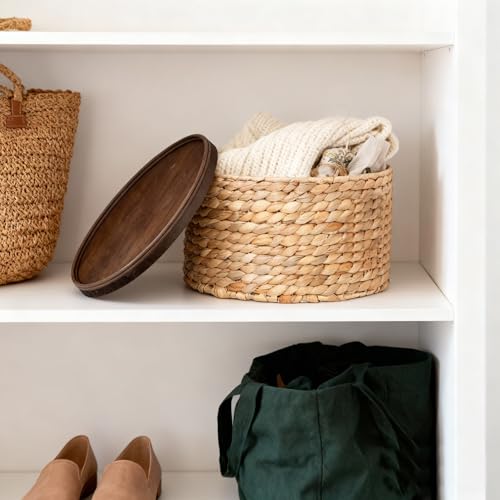 Water Hyacinth Storage Basket with Wooden Lid, 10.2" D x 5.1" H Handwoven Round Organizer for Shelf, Closet & Pantry (Medium) - size: Medium