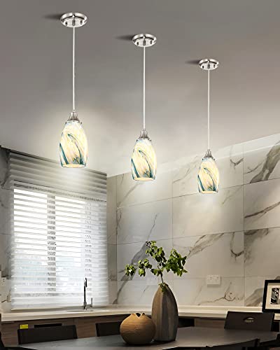 Art Glass Mini Pendant Lights for Kitchen Island Blown Art Glass Pendant Light Shade hanging ceiling lights with Brushed Nickel Finish for Kitchen Counter bar,Dining Room Blue Mixing Yellow-1P - color: Blue Mixing Yellow-1Pack