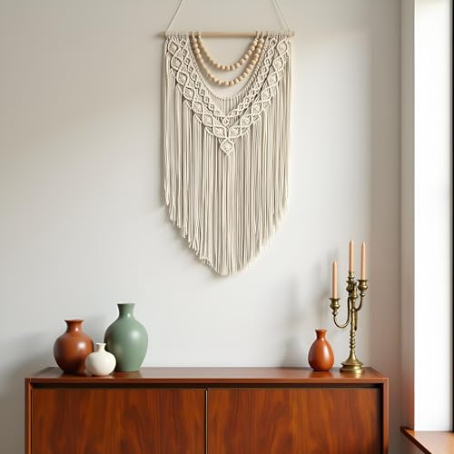 guzhiou Macrame Wall Hanging Boho Geometric Woven Tapestry Cotton Handmade Bohemian Art Decor with Wood Bead Wall Decor for Bedroom Living Room Apartment Nursery 31.5" L x 17" W (Wood bead-B) - color: Wood bead-B