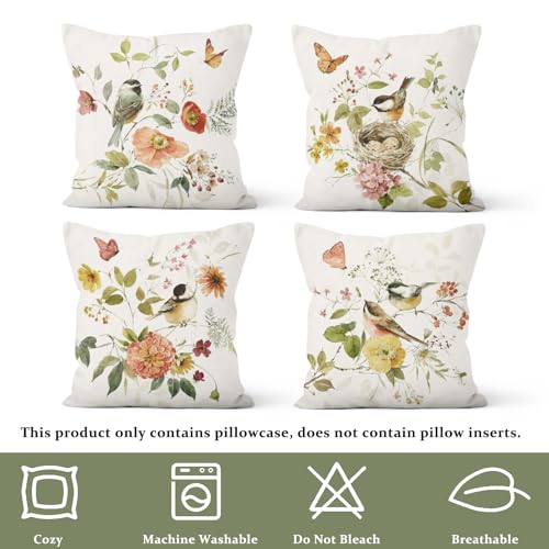Birds Throw Pillow Covers, Flower Floral Vintage Decorative Pillow case, 4-Pack Double-Side Printed Pillowcases for Sofa and Living Room, 20x20 in - color: 20, size: 20" x 20" (Pack of 4)