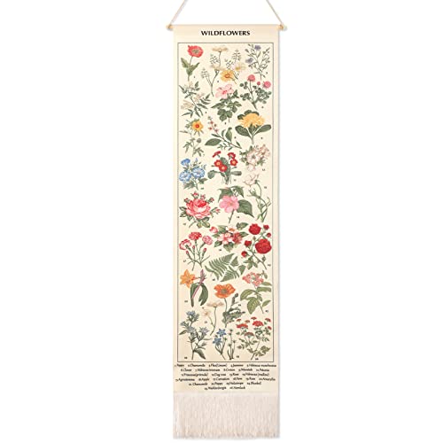 Geetery Vintage Floral Vertical Tapestry Wall Hanging Decor Long Flower Narrow Botanical Fabric Wall Art Hanging Reference Illustrative Tassel Tapestry for Bedroom Living Room Home Decor Gift(White) - color: White, style: Floral