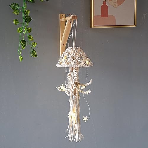 Macrame Wall Hanging,Jellyfish Dream Catcher with Star Lights,Bohemian Woven Wall Art Decor Beautiful Apartment Dorm Room Door Decoration (White) - color: White