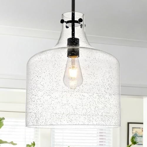 12" Black Seeded Glass Pendant Light, Modern Hand-Blown Bubble Glass Hanging Ceiling Light Fixture for Kitchen Island, Dining Room, Hallway, Farmhouse Entryway, E26 Dimmable Pendant Lighting - color: Chain Black-Seeded Glass