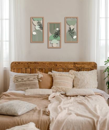 Putuo Decor Boho Wall Art Set of 3, Green Botanical Wooden Wall Decor, Abstract Aesthetic Room Decorations, Mid-Century Modern Artwork for Living Room, Bedroom, Office Green 16.5 x 8.6 inch - color: Green
