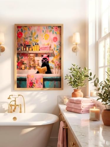 LBTZEVIR Funny Black Cat Bathroom Wall Art Framed Cat Canvas Wall Decoration Painting Pink Wall Art for Bedroom Office Bathroom Wall Decor Aesthetic Home Artwork Girls Room with Framed 12" × 16" - color: Pink Cat, size: 16"L x 12"W