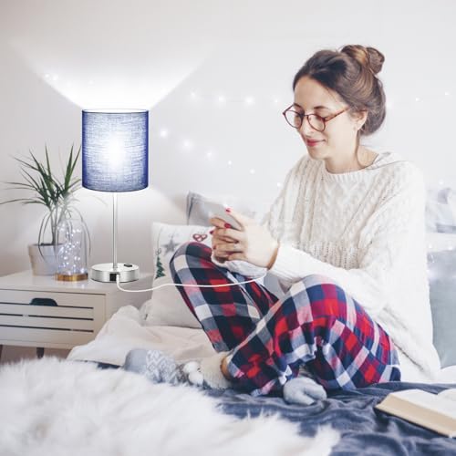 Set of 2 Touch Control Table Lamps with 2 USB & AC Outlet, 3-Way Dimmable Bedside Nightstand Lamps for Bedroom Living Room Nursery, 800 Lumens 5000K Daylight Bulbs Included - color: (2 Pack)Navy & Brushed Nickel(Base)-5000K Bulbs Included