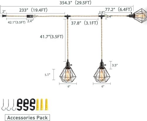3-Light Hanging Light with Plug in Cord,Plug in Pendant Light 22ft Hemp Rope Pendant Lighting Vintage 3-Light Hanging Lamp Fixtures for Kitchen Island Living Room Bedroom - color: 3 Light Black Cage